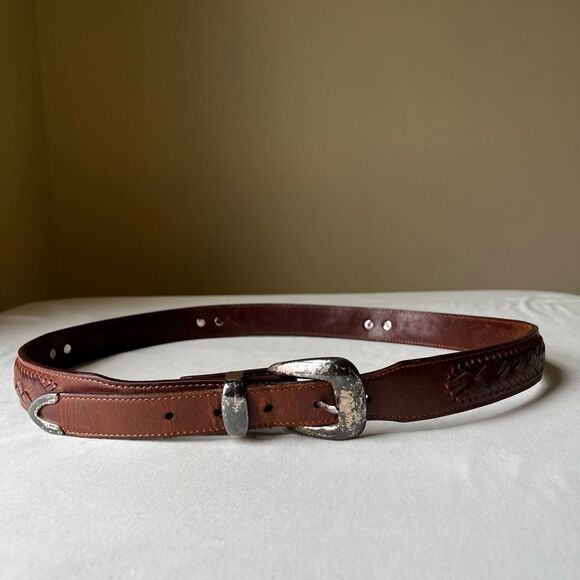 Vintage Western Leather Deer Belt Silver Buckle Conchos Braided Size 42 - Picture 1 of 11
